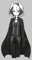 Rule 34 | 1girl, black cape, black coat, black eyes, black gloves, black hair, black pants, cape, closed mouth, coat, cropped legs, gloves, grey background, hair between eyes, highres, long sleeves, made in abyss, multicolored hair, ozen, pants, simple background, solo, tirarizun, whistle, whistle around neck, white hair