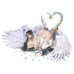 Rule 34 | angel wings, areola slip, ass, azazel (last origin), barefoot, breasts, covering breasts, covering nipples, covering privates, cuts, game cg, garter belt, garter straps, highres, huge ass, injury, large breasts, last origin, lingerie, long hair, nipples, official art, solo, taesi, thighhighs, torn clothes, transparent background, underwear, wings