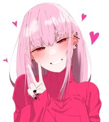 Rule 34 | 1girl, absurdres, alternate costume, black nails, blush, carrot 011, ear piercing, earrings, grin, head tilt, heart, highres, hololive, hololive english, jewelry, long hair, looking at viewer, mori calliope, multiple earrings, nail polish, piercing, pink eyes, pink hair, pink sweater, sidelocks, simple background, smile, solo, straight hair, sweater, turtleneck, turtleneck sweater, upper body, v, virtual youtuber, white background