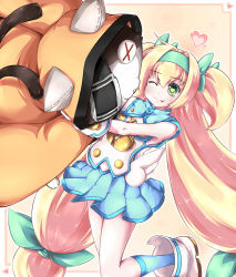 Rule 34 | 1girl, :3, ;p, animal ears, arc system works, bell, blazblue, blazblue: continuum shift, blonde hair, bow, cat ears, character doll, green hair, hair bow, heart, heart-shaped pupils, jubei (blazblue), long hair, low-tied long hair, one eye closed, platinum the trinity, quad tails, skirt, symbol-shaped pupils, tongue, tongue out, twintails, two side up, yui (imprinting)