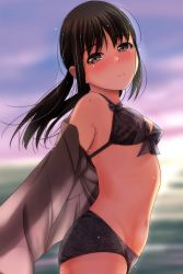 Rule 34 | 1girl, absurdres, bare shoulders, bikini, black bikini, black hair, blurry, blurry background, blush, breasts, brown eyes, depth of field, from side, half-closed eyes, highres, horizon, long hair, looking at viewer, looking to the side, low twintails, matsunaga kouyou, mole, mole on shoulder, nose blush, ocean, off shoulder, original, parted lips, small breasts, solo, swimsuit, twintails