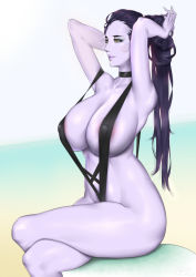 Rule 34 | 1girl, adjusting hair, alternate breast size, areola slip, arms up, bad id, bad pixiv id, bikini, black bikini, black hair, breasts, choker, colored skin, crossed legs, ding (andding34429), huge breasts, large areolae, light smile, lips, long hair, mature female, overwatch, overwatch 1, ponytail, purple skin, slingshot swimsuit, solo, swimsuit, thick thighs, thighs, widowmaker (overwatch), yellow eyes