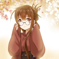 Rule 34 | 10s, 1girl, bad id, bad pixiv id, bespectacled, blush, brown eyes, brown hair, eko, folded ponytail, glasses, inazuma (kancolle), japanese clothes, kantai collection, kimono, long hair, looking at viewer, sleeves past wrists, smile, solo, yukata