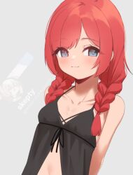 1girl babydoll bare_arms bare_shoulders blue_eyes bluesky blush braid breasts closed_mouth collarbone hair_over_shoulder long_hair looking_at_viewer low_twintails original red_hair skeptycally small_breasts smile solo twin_braids twintails underwear underwear_only upper_body