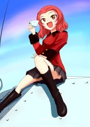Rule 34 | 10s, 1girl, absurdres, black footwear, black skirt, boots, brown eyes, commentary request, crusader (tank), cup, day, epaulettes, full body, girls und panzer, highres, jacket, long sleeves, military, military uniform, military vehicle, miniskirt, motor vehicle, open mouth, outdoors, parted bangs, pleated skirt, red hair, red jacket, rosehip (girls und panzer), shadow, short hair, sitting, skirt, sky, smile, solo, st. gloriana&#039;s military uniform, tank, teacup, uniform