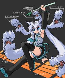 Rule 34 | 1girl, blue eyes, bow, cosplay, female focus, hair bow, hatsune miku, hatsune miku (cosplay), living hair, long hair, lowres, mof, mof&#039;s silver haired twintailed girl, necktie, oekaki, original, panties, silver hair, solo, striped clothes, striped panties, thighhighs, twintails, underwear, very long hair, vocaloid, weapon