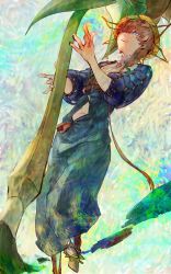 Rule 34 | 1girl, armpit crease, belt, blue eyes, blue overalls, braid, brown belt, brush stroke, collar, crown braid, detached collar, fate/grand order, fate (series), faux traditional media, flower, from below, full body, hat, highres, holding, holding flower, holding paintbrush, looking up, multiple belts, mumi (mumiske), navel, nervous smile, open clothes, orange footwear, orange hair, overalls, paintbrush, painting (medium), puffy pants, raised eyebrows, short hair with long locks, side braid, sleeves past elbows, smile, solo, straw hat, sunflower, sweat, swirl, traditional media, van gogh (fate), white collar, yellow hat, zipper, zipper pull tab