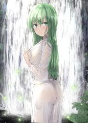 Rule 34 | 1girl, ass, blush, commentary request, cowboy shot, from side, green eyes, green hair, hair between eyes, highres, kochiya sanae, leaf, long hair, long sleeves, looking at viewer, parted lips, robe, see-through, solo, standing, touhou, wet, wet clothes, white background, white robe, y2