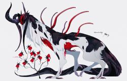 Rule 34 | animal focus, claws, curled horns, flower, from side, full body, highres, horns, kamikiririp, monster, multiple horns, no humans, original, plant, red flower, signature, simple background, solo, tail, twitter username, walking, white background