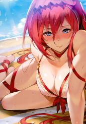 Rule 34 | 1girl, absurdres, arm ribbon, barefoot, beach, bikini, blue eyes, blush, breasts, choker, cleavage, collarbone, day, dutch angle, front-tie bikini top, front-tie top, godsworn alexiel, granblue fantasy, hair between eyes, hairband, highres, horizon, kakage, large breasts, leg ribbon, light particles, long hair, looking at viewer, outdoors, red hair, red ribbon, ribbon, ribbon choker, scan, sidelocks, sitting, smile, solo, sweat, swimsuit, thigh ribbon, very long hair, white bikini