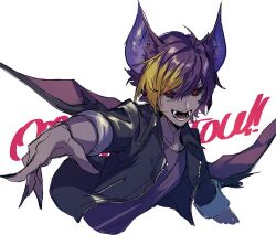 Rule 34 | &gt;:), 1boy, ahoge, animal ears, bat boy, bat ears, bat wings, black jacket, black sclera, blonde hair, collarbone, collared jacket, colored sclera, colored skin, commentary request, cropped torso, demon bat (show by rock!!), ebira, fangs, fingernails, from side, hair between eyes, jacket, looking at viewer, male focus, multicolored hair, open mouth, outstretched arm, pink eyes, purple hair, purple shirt, purple skin, reaching, reaching towards viewer, sharp fingernails, shirt, show by rock!!, simple background, slit pupils, solo, two-tone hair, upper body, v-shaped eyebrows, white background, wings