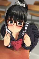 Rule 34 | 1girl, black eyes, black hair, black serafuku, black skirt, blurry, blurry background, blush, bow, bowtie, breasts, brown-framed eyewear, chair, classroom, cleavage, commentary request, desk, glasses, highres, leaning on object, long hair, long sleeves, looking at viewer, matsunaga kouyou, medium breasts, original, ponytail, red bow, red bowtie, school chair, school desk, school uniform, scrunchie, serafuku, skirt, smile, solo, white scrunchie