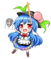 Rule 34 | 1girl, :d, ankle boots, arms up, black hat, blue hair, blue skirt, blush, boots, bow, bowtie, brown footwear, chibi, floating, floating object, food, fruit, full body, hat, hinanawi tenshi, holding, holding sword, holding weapon, honda takaharu, keystone, long hair, lowres, open mouth, peach, puffy short sleeves, puffy sleeves, rainbow order, red bow, red bowtie, red eyes, shirt, short sleeves, skirt, smile, solo, sword, sword of hisou, touhou, transparent background, very long hair, weapon, white background, white shirt