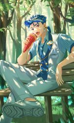Rule 34 | 1boy, absurdres, baseball cap, blue hair, blue hat, blue necktie, blue shirt, blue vest, buttons, chair, collared shirt, commentary request, crossed legs, cu chulainn (fate), cu chulainn (fate/stay night), earrings, eating, fang, fate/extella, fate/extella link, fate/extra, fate/grand order, fate/hollow ataraxia, fate/stay night, fate (series), feet out of frame, food, gold trim, grass, hat, highres, holding, holding food, jewelry, kiriko (onigiri21), long hair, looking at viewer, male focus, necktie, official alternate costume, on chair, open mouth, pants, ponytail, red eyes, shade, shadow, shirt, short sleeves, sitting, smile, solo, spiked hair, striped clothes, striped shirt, tree, twitter username, two-tone vest, vest, white footwear, white pants, white vest