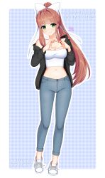 Rule 34 | 1girl, alternate costume, black jacket, breasts, brown hair, camisole, casual, commentary, commission, denim, doki doki literature club, english commentary, english text, full body, green eyes, hair ribbon, heart, heart hands, highres, jacket, jeans, large breasts, long hair, long sleeves, looking at viewer, midriff, monika (doki doki literature club), navel, off shoulder, open clothes, open jacket, outline, pants, plaid, plaid background, ponytail, ribbon, simple background, smile, solo, spaghetti strap, standing, very long hair, vickie (cryingrobot), white camisole, white footwear, white outline, white ribbon