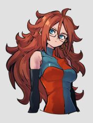 Rule 34 | 1girl, android 21, blue eyes, breasts, checkered clothes, checkered dress, closed mouth, dragon ball, dragon ball fighterz, dress, earrings, glasses, grey background, hair between eyes, hoop earrings, jewelry, kemachiku, long hair, medium breasts, red hair, simple background, solo