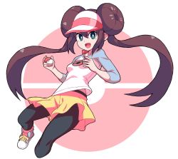 Rule 34 | 1girl, :d, black pantyhose, blue footwear, blue shirt, blush, breasts, brown hair, creatures (company), cropped legs, double bun, floating hair, game freak, green eyes, hair between eyes, hair bun, hand up, hat, highres, holding, holding poke ball, long hair, looking at viewer, nintendo, open mouth, pantyhose, pantyhose under shorts, pink background, pink hat, poke ball, poke ball symbol, pokemon, pokemon bw2, raglan sleeves, rosa (pokemon), shirt, shoes, shorts, small breasts, smile, sneakers, solo, twintails, visor cap, white background, white hat, white shirt, yellow shorts, yokoyoko (nazonazo)