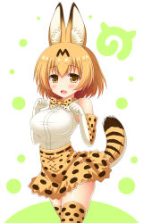 Rule 34 | 10s, 1girl, :d, animal ears, bare shoulders, blonde hair, blush, bow, bowtie, breasts, commentary request, cowboy shot, elbow gloves, gloves, japari symbol, kemono friends, looking at viewer, medium breasts, nagana sayui, open mouth, paw pose, print skirt, print thighhighs, revision, serval (kemono friends), serval print, serval tail, shirt, short hair, skirt, sleeveless, sleeveless shirt, smile, solo, tail, thighhighs, white shirt