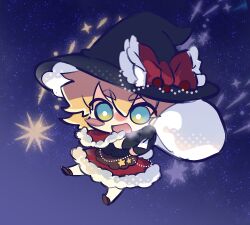 1girl black_gloves black_vest blonde_hair blue_eyes blush_stickers bow brown_footwear capelet chibi chibi_only christmas commentary_request cookie_(touhou) full_body fur-trimmed_capelet fur-trimmed_skirt fur_trim gloves hat hat_bow holding holding_sack kirisame_marisa meguru_(cookie) misosiru_0224 open_mouth purple_sky red_bow red_capelet red_skirt sack shoes short_hair skirt sky smile socks solo star_(sky) star_(symbol) starry_sky thick_eyebrows touhou vest white_socks