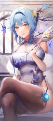 Rule 34 | 1girl, absurdres, alternate costume, bare shoulders, black thighhighs, blue eyes, blue hair, breasts, bug, butterfly, cheosnuni, china dress, chinese clothes, cleavage, closed mouth, crossed legs, dress, eula (genshin impact), genshin impact, grey dress, hair ornament, hand fan, highres, holding, holding fan, insect, large breasts, medium hair, sitting, thighhighs, vision (genshin impact), yellow eyes