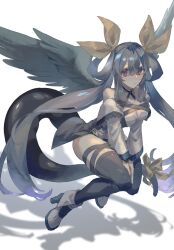 Rule 34 | 1girl, angel wings, asymmetrical wings, bare shoulders, belt, black thighhighs, blue hair, blush, breasts, cleavage, cleavage cutout, clothing cutout, commission, detached collar, detached sleeves, dizzy (guilty gear), guilty gear, guilty gear xrd, hair between eyes, hair ribbon, hair rings, high heels, highres, invisible chair, large breasts, long hair, monster girl, oeillet vie, open mouth, own hands together, red eyes, ribbon, shaded face, shadow, sidelocks, simple background, sitting, skeb commission, skindentation, solo, tail, tail ornament, tail ribbon, thigh strap, thighhighs, thighs, twintails, white background, wings, yellow ribbon