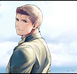 Rule 34 | 1boy, bad id, bad pixiv id, collared shirt, from behind, light brown hair, light smile, lips, looking at viewer, male focus, piers nivans, resident evil, resident evil 6, shirt, short hair, sideburns, smile, solo, sunlight, tarowo