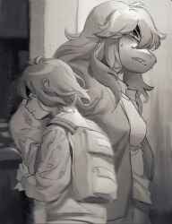 Rule 34 | &gt;:(, 1girl, 1other, absurdres, androgynous, annoyed, backpack, bag, clenched teeth, deltarune, dule (anhaidule), from side, frown, furry, furry female, greyscale, hair between eyes, highres, holding, holding paper, indoors, jacket, kris (deltarune), looking at another, medium hair, monochrome, open clothes, open jacket, paper, profile, shaded face, sharp teeth, shirt, short hair, sideways mouth, susie (deltarune), sweatdrop, teeth, v-shaped eyebrows, walking