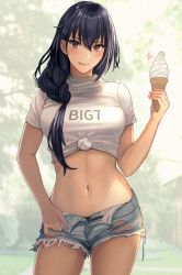 Rule 34 | 1girl, alternate costume, alternate hairstyle, black hair, blurry, blurry background, blush, braid, breasts, brown eyes, clothes writing, cowboy shot, denim, denim shorts, english text, hair between eyes, highres, holding food, holding ice cream, ice cream, ice cream cone, kantai collection, kasumi (skchkko), large breasts, licking lips, long hair, looking at viewer, midriff, nagato (kancolle), navel, open clothes, open shorts, shirt, short shorts, short sleeves, shorts, solo, tied shirt, tongue, tongue out, white shirt