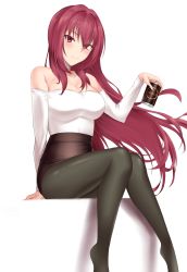 Rule 34 | 1girl, absurdres, arm support, bare shoulders, beer can, black pantyhose, black skirt, breasts, can, choker, cleavage, collarbone, crimecrime, drink can, fate/grand order, fate (series), hair between eyes, hair intakes, highres, holding, holding can, large breasts, legs together, long hair, long sleeves, looking at viewer, miniskirt, no shoes, off-shoulder shirt, off shoulder, pantyhose, pencil skirt, purple hair, red eyes, scathach (fate), shadow, shirt, simple background, sitting, skirt, smile, solo, thighs, very long hair, white choker, white shirt