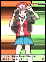Rule 34 | 1girl, :d, absurdres, arrow (symbol), brown eyes, brown hair, commentary request, cosplay, creatures (company), dialogue box, eyelashes, game freak, hands on headwear, hands up, hat, highres, jacket, knees, leaf (pokemon), long hair, looking at viewer, nintendo, open mouth, pleated skirt, poke ball symbol, pokemon, pokemon frlg, red (pokemon), red (pokemon) (cosplay), red hat, red jacket, shabana may, shirt, short sleeves, skirt, sleeveless, sleeveless jacket, smile, solo, teeth, translation request, upper teeth only