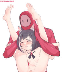 Rule 34 | 1girl, 1other, animal ear fluff, animal ears, artist name, barefoot, black hair, blush, breasts, cat ears, closed eyes, collarbone, commentary request, crossover, fall guys, fang, feet, full nelson, gem, implied sex, karyl (princess connect!), legs up, long legs, multicolored hair, navel, nipples, nude, princess connect!, short hair, simple background, small breasts, soles, split mouth, spread legs, streaked hair, toes, white background, white hair, yuiyuihibana