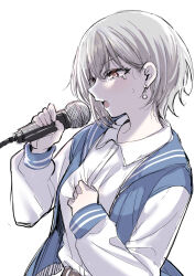Rule 34 | 1girl, bang dream!, bang dream! it&#039;s mygo!!!!!, blue jacket, collared shirt, commentary, crying, crying with eyes open, dress shirt, earrings, grey hair, holding, holding microphone, jacket, jewelry, long sleeves, microphone, music, open clothes, open jacket, open mouth, red eyes, shirt, short hair, simple background, singing, solo, takamatsu tomori, takeshisu, tears, teeth, upper body, upper teeth only, white background, white shirt