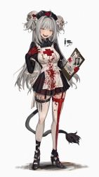 Rule 34 | apron, black dress, blood, blood on clothes, clipboard, demon, demon girl, detached sleeves, dress, freng, garter straps, grey hair, hair ornament, hat, high heels, long hair, nurse, nurse cap, short twintails, skull hair ornament, smile, surgical tools, tail, thighhighs, twintails