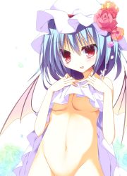 Rule 34 | 1girl, :d, bat wings, blue flower, blue rose, blush, bottomless, breasts, clothes lift, dress, dress lift, flower, groin, hat, hat flower, highres, lifted by self, mob cap, navel, open mouth, out-of-frame censoring, petals, red eyes, red flower, red rose, remilia scarlet, rose, rose petals, sasayabu, shirt, shirt lift, short hair, silver hair, sleeveless, sleeveless dress, smile, solo, spikes, stomach, tareme, touhou, underboob, vampire, white dress, white hat, wings