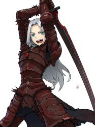 1girl absurdres aqua_eyes armor breastplate elden_ring elden_ring:_shadow_of_the_erdtree faulds gauntlets grey_hair highres holding holding_sword holding_weapon long_hair looking_at_viewer rakshasa_(elden_ring) red_armor sharp_teeth simple_background solo standing sword teeth tongue tongue_out v-shaped_eyebrows weapon white_background yakutzan