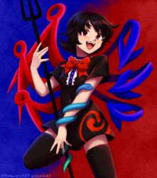 Rule 34 | 1girl, asymmetrical wings, black dress, black hair, black thighhighs, blue wings, bow, bowtie, caramelized tomatoes, center frills, commentary, cowboy shot, dated, dress, fangs, frills, holding, holding polearm, holding weapon, houjuu nue, looking at viewer, open mouth, polearm, red bow, red eyes, red wings, short dress, short hair, short sleeves, snake, solo, teeth, thighhighs, touhou, trident, twitter username, upper teeth only, weapon, wings, zettai ryouiki