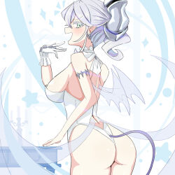 Rule 34 | ass, bare shoulders, breasts, daiichi (1279220), demon girl, demon horns, demon tail, demon wings, drill hair, duel monster, from behind, gloves, grey eyes, grey hair, highleg, highleg leotard, highres, horns, large breasts, leotard, looking at viewer, lovely labrynth of the silver castle, ojou-sama pose, open mouth, single glove, smile, strapless, strapless leotard, table, tail, thong leotard, transparent wings, twin drills, white background, white gloves, white leotard, wings, yu-gi-oh!