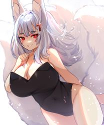 Rule 34 | 1girl, alinafoxglove, animal ear fluff, animal ears, black leotard, breasts, cleavage, clenched hand, commentary, english commentary, fox ears, fox girl, fox tail, highres, large breasts, leaning forward, leotard, mature female, medium hair, mixed-language commentary, multiple tails, nijisanji, nijisanji en, nina kosaka, red eyes, russian commentary, silver hair, smile, solo, tail, virtual youtuber, white background