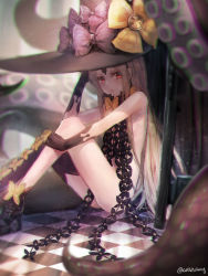 Rule 34 | 1girl, abigail williams (fate), abigail williams (third ascension) (fate), absurdres, black bow, black footwear, black hat, black panties, blurry, blurry foreground, bow, catbii, checkered floor, commentary, depth of field, fate/grand order, fate (series), hat, hat bow, high heels, highres, key, long hair, looking at viewer, orange bow, oversized object, panties, parted bangs, parted lips, red eyes, revealing clothes, sitting, solo, suction cups, tentacles, topless, underwear, very long hair, white hair, witch hat