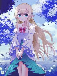 Rule 34 | 1girl, blonde hair, blue dress, blue eyes, bow, braid, closed mouth, commentary request, commission, copyright request, crown braid, day, dress, flower, hair between eyes, hair flower, hair ornament, highres, jacket, juliet sleeves, long hair, long sleeves, looking at viewer, mikoko1, outdoors, petals, pleated dress, pointy ears, puffy sleeves, red bow, skeb commission, smile, solo, very long hair, virtual youtuber, white flower, white jacket, wide sleeves