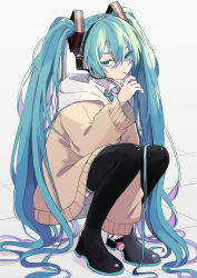 Rule 34 | 1girl, absurdly long hair, absurdres, aqua hair, aqua nails, aqua necktie, black footwear, boots, candy, collared shirt, colored inner hair, commentary request, food, food in mouth, full body, green eyes, hair between eyes, hand up, hatsune miku, headphones, highres, holding, holding candy, holding food, holding lollipop, jacket, lollipop, long bangs, long hair, long sleeves, looking at viewer, multicolored hair, naguno-0713, necktie, purple hair, shirt, simple background, sleeves past wrists, solo, squatting, thigh boots, twintails, two-tone hair, very long hair, vocaloid, white background, white shirt, yellow jacket