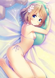 Rule 34 | 10s, 1girl, ahoge, barefoot, bikini, blue eyes, blush, breasts, brown hair, commentary request, flower, from above, frown, hair flower, hair ornament, idolmaster, idolmaster million live!, looking at viewer, looking up, lying, micro bikini, midori555, hugging object, on side, pillow, pillow hug, revision, short hair, side-tie bikini bottom, sideboob, small breasts, solo, suou momoko, swimsuit, yellow bikini