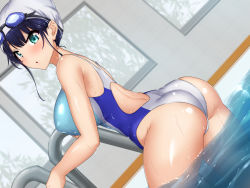 Rule 34 | 1girl, :o, ass, back cutout, blue hair, blush, breasts, caruta, clothing cutout, competition swimsuit, dutch angle, female focus, from behind, goggles, goggles on head, green eyes, groin, hair between eyes, hands up, highres, indoors, kiraware kyoushi no saimin takuran, large breasts, legs, looking at viewer, looking back, one-piece swimsuit, original, parted lips, partially submerged, pool, pool ladder, shiny clothes, solo, standing, swim cap, swimsuit, thighs, water, wet