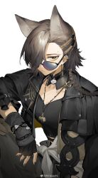 Rule 34 | 1girl, akechi (826988799), alternate costume, alternate hairstyle, ambience synesthesia, animal ears, arknights, black gloves, black jacket, black shirt, brown hair, chinese commentary, commentary request, cropped jacket, detached collar, earrings, gloves, gold trim, grey-tinted eyewear, hair over one eye, highres, jacket, jewelry, knee up, lofter username, mole above eye, nail polish, necklace, official alternate costume, official alternate hairstyle, penance (arknights), shirt, short hair, simple background, sitting, solo, sunglasses, tinted eyewear, white background, wolf ears, wolf girl