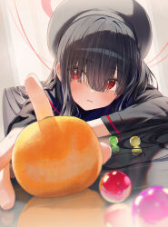 Rule 34 | 1girl, absurdres, beret, black hat, black shirt, blue archive, blunt bangs, blurry, blush, commentary request, depth of field, fingernails, food, fruit, hair over eyes, hair spread out, halo, hand on table, hat, hidulume, highres, justice task force member (blue archive), long hair, long sleeves, looking at viewer, mandarin orange, marble (toy), open mouth, reaching, red eyes, red halo, shirt, simple background, solo, upper body, white background