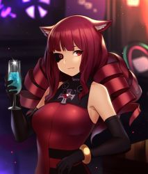 Rule 34 | 1girl, alcohol, animal ears, artificial eye, black gloves, black sclera, bracelet, breasts, cat ears, cocktail, cocktail glass, colored sclera, commentary request, cross, cup, cyberpunk, dress, drill hair, drinking glass, elbow gloves, gloves, halter dress, halterneck, houtengeki, jewelry, long hair, looking at viewer, mechanical eye, medium breasts, purple dress, purple hair, quad drills, red eyes, solo, stella hoshii, va-11 hall-a