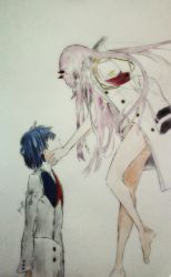 Rule 34 | 10s, 1boy, 1girl, absurdres, antyla08, barefoot, black hair, blue eyes, coat, couple, darling in the franxx, fringe trim, green eyes, hair ornament, hairband, hands on another&#039;s face, hetero, highres, hiro (darling in the franxx), horns, jacket, jacket on shoulders, long coat, long hair, long sleeves, looking at another, military, military uniform, necktie, no pants, oni horns, pink hair, red horns, red neckwear, short hair, signature, uniform, white coat, white hairband, zero two (darling in the franxx)