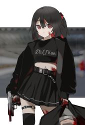 Rule 34 | 1girl, absurdres, belt, belt buckle, black hair, black jacket, black shirt, black skirt, black thighhighs, blood, blood on face, blood on hands, blood on leg, blurry, blurry background, buckle, closed mouth, colored inner hair, commentary request, cowboy shot, crop top, dmj neco, expressionless, gun, handgun, highres, jacket, long hair, long sleeves, looking at viewer, midriff, multicolored hair, navel, open clothes, open jacket, original, pistol, pleated skirt, ponytail, red eyes, red hair, shirt, skirt, sleeves past wrists, solo, thigh strap, thighhighs, weapon, weapon request, white background