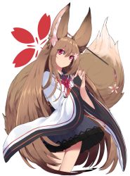 Rule 34 | 1girl, animal ears, bad id, bad twitter id, bracelet, bridal gauntlets, brown hair, facial mark, flower, fox ears, fox tail, gloves, hair flower, hair ornament, hairclip, japanese clothes, jewelry, long hair, nail polish, own hands together, pleated skirt, red eyes, sailor collar, single glove, skirt, slit pupils, solo, steepled fingers, tail, touzai (poppin phl95), very long hair, wide sleeves