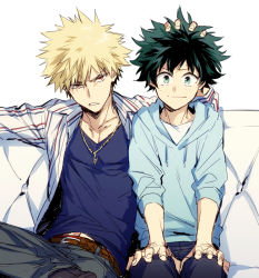 Rule 34 | 10s, 2boys, bad id, bad pixiv id, bakugou katsuki, belt, blonde hair, boku no hero academia, casual, couch, green eyes, half-closed eyes, hand in own hair, hood, hoodie, jewelry, crossed legs, looking at viewer, male focus, midoriya izuku, multiple boys, navel, necklace, on couch, open clothes, orange eyes, pants, polo shirt, pull string, red eyes, shirt, simple background, smile, spiked hair, tufted upholstery, v-neck, wavy hair, white background, white upholstery